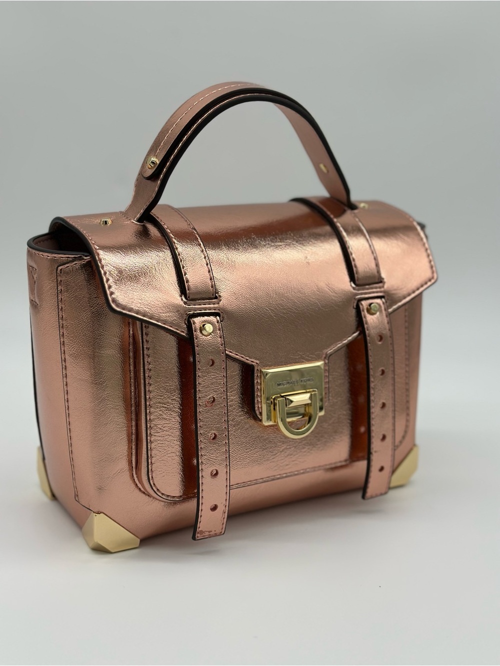Metallic Rose Gold Structured Satchel Handbag